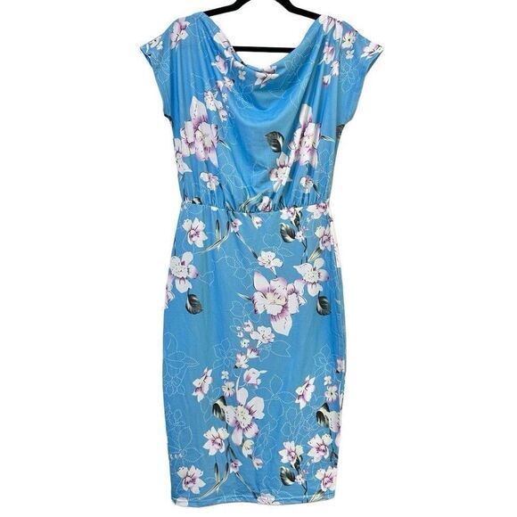 NWT Woosea Dolman Short Sleeve Gathered Waist Floral Bodycon Dress Blue Medium - Picture 1 of 5
